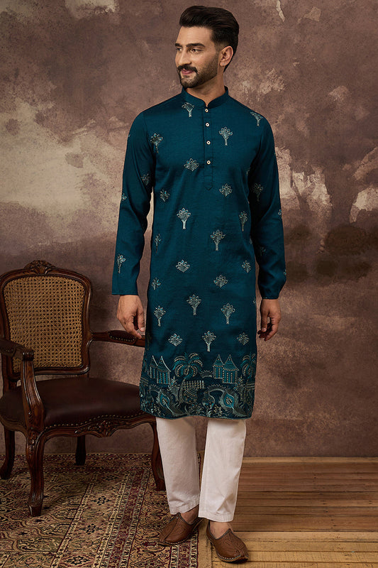 Blue Silk Blend Solid Embroidered Straight Kurta and Trouser MKSET1331