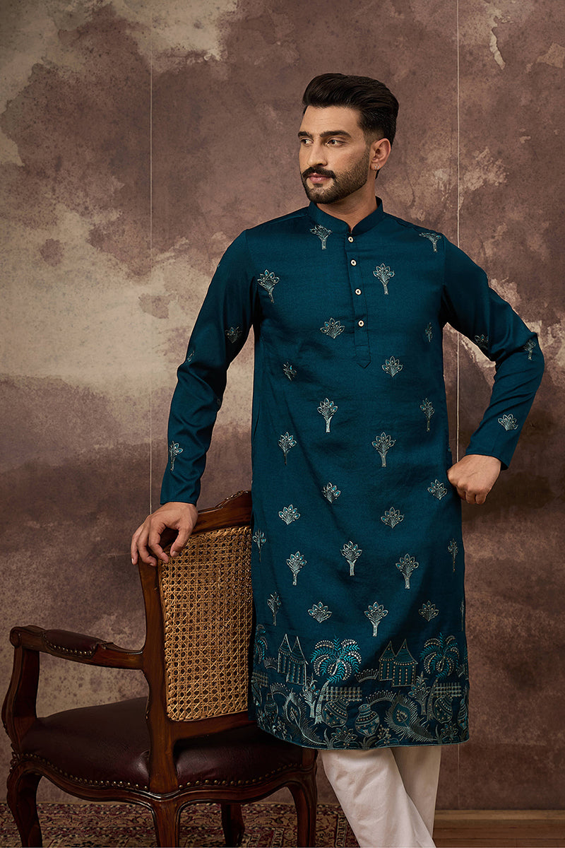 Blue Silk Blend Solid Embroidered Straight Kurta and Trouser MKSET1331