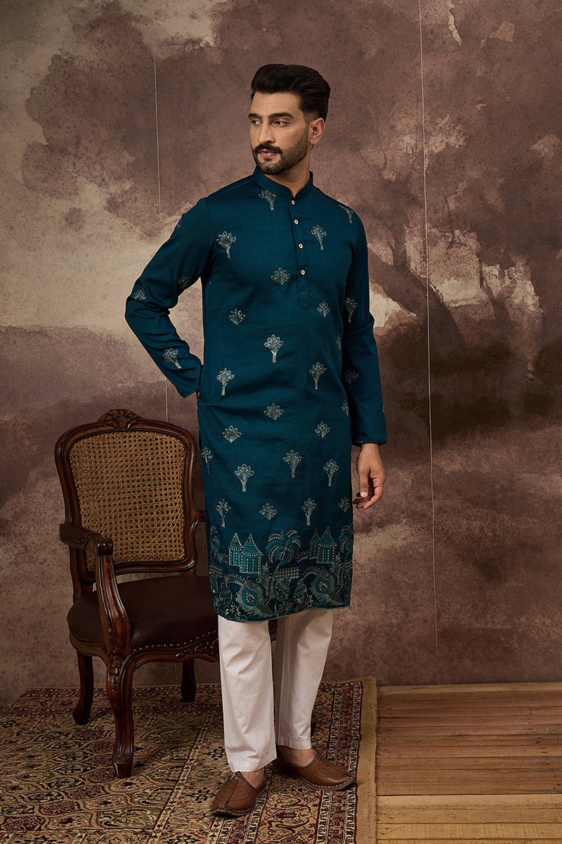 Blue Silk Blend Solid Embroidered Straight Kurta and Trouser MKSET1331