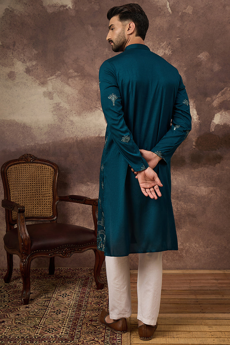 Blue Silk Blend Solid Embroidered Straight Kurta and Trouser MKSET1331