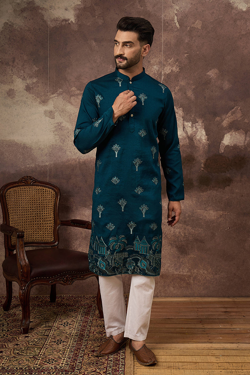 Blue Silk Blend Solid Embroidered Straight Kurta and Trouser