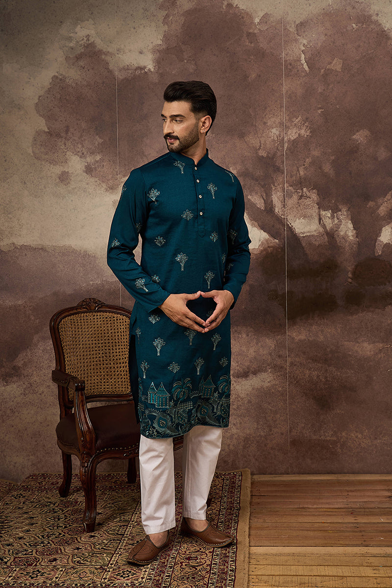 Blue Silk Blend Solid Embroidered Straight Kurta and Trouser