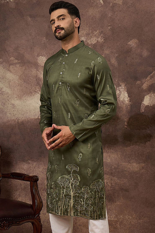 green silk blend solid embroidered straight kurta and trouser