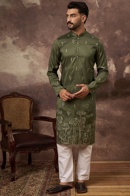 green silk blend solid embroidered straight kurta and trouser