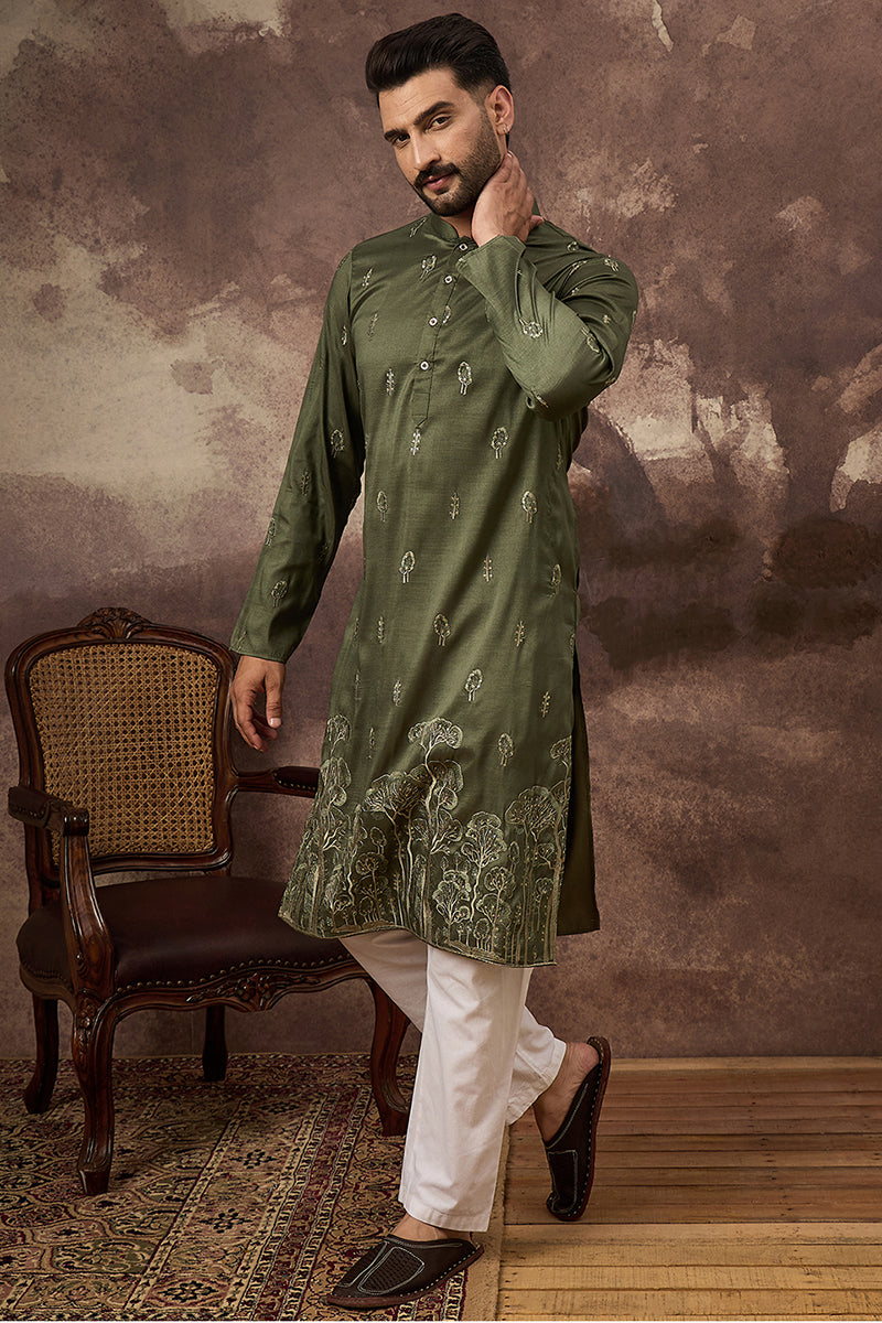 green silk blend solid embroidered straight kurta and trouser