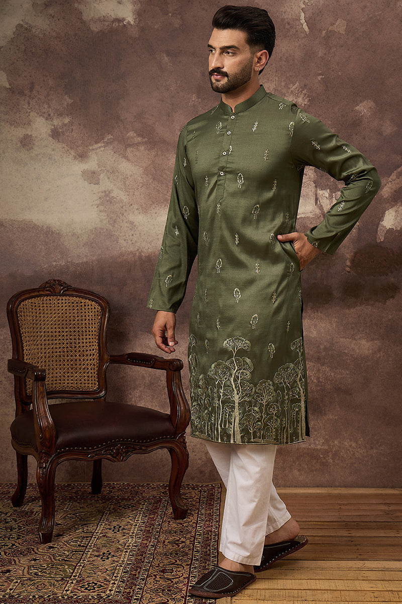 green silk blend solid embroidered straight kurta and trouser