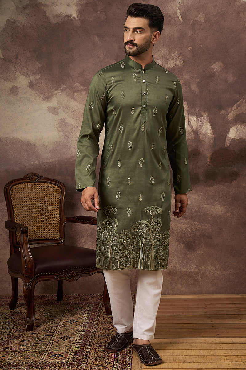 green silk blend solid embroidered straight kurta and trouser