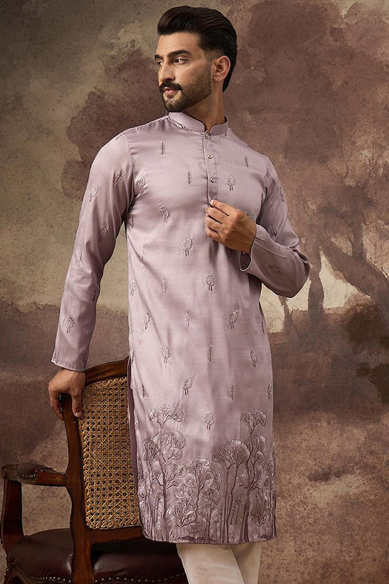 lavender silk blend solid embroidered straight kurta and trouser