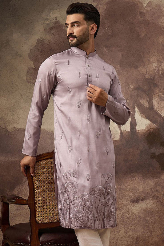 lavender silk blend solid embroidered straight kurta and trouser