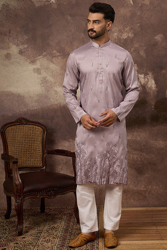 lavender silk blend solid embroidered straight kurta and trouser