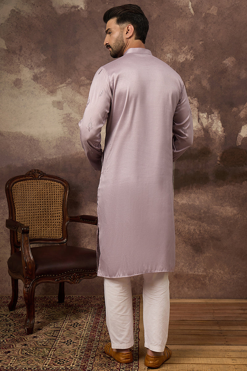 lavender silk blend solid embroidered straight kurta and trouser