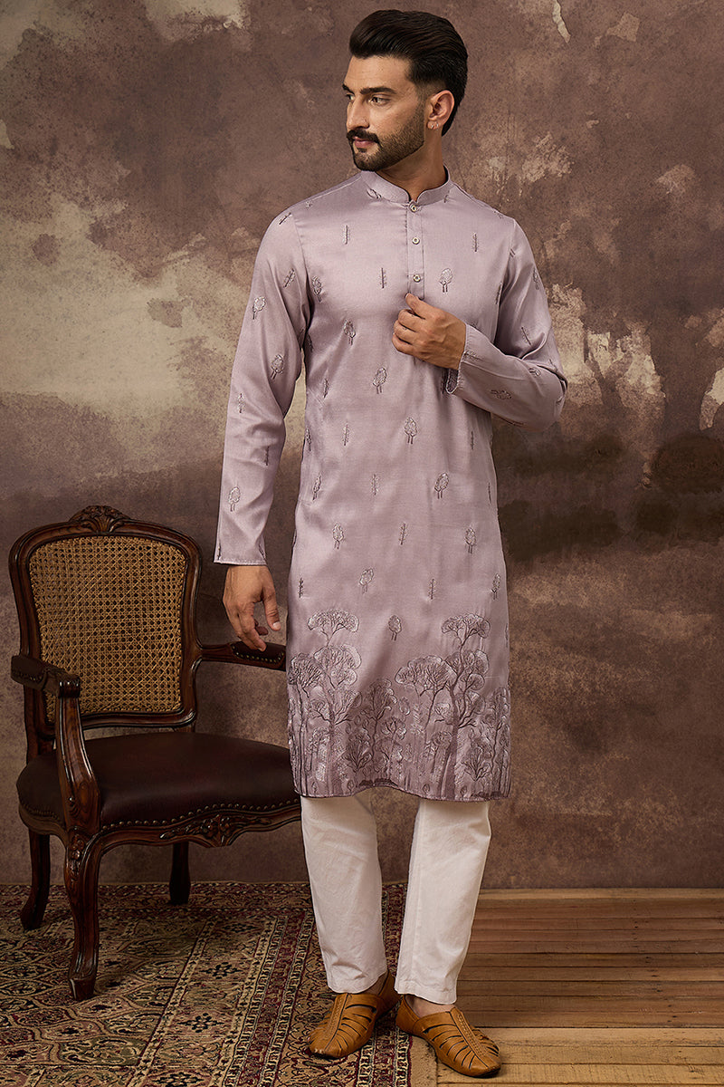 lavender silk blend solid embroidered straight kurta and trouser