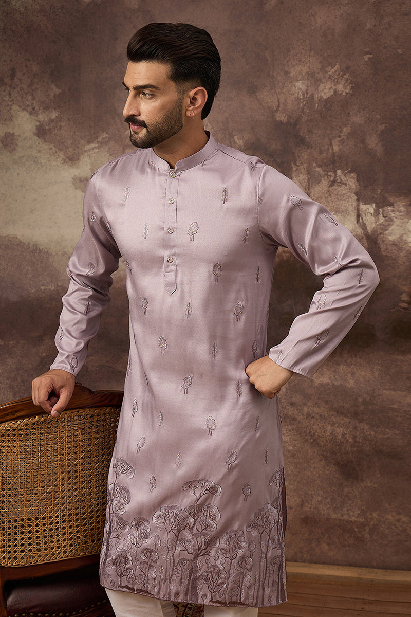 lavender silk blend solid embroidered straight kurta and trouser