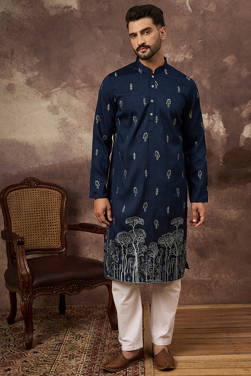 navy blue silk blend solid embroidered straight kurta and trouser