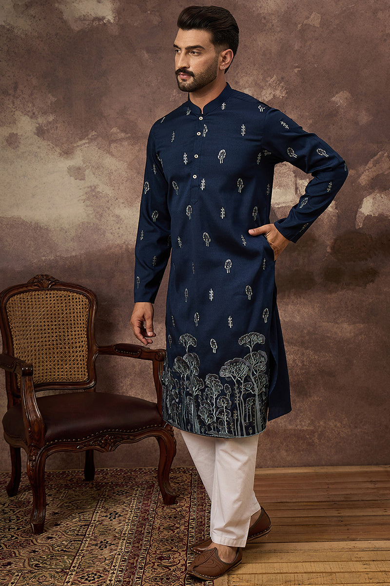 navy blue silk blend solid embroidered straight kurta and trouser