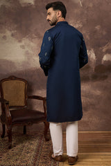 navy blue silk blend solid embroidered straight kurta and trouser