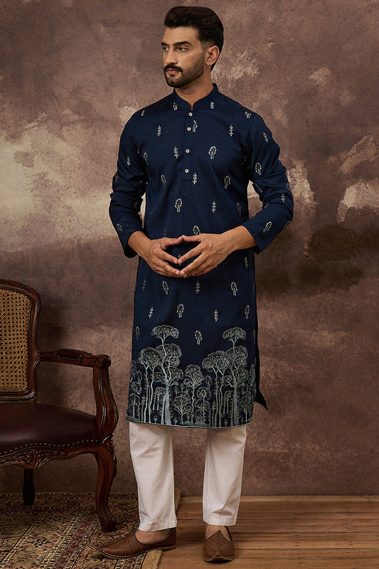 navy blue silk blend solid embroidered straight kurta and trouser
