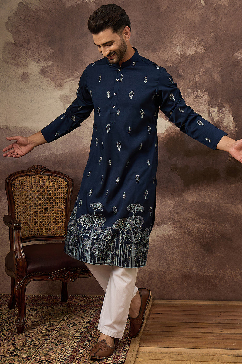 navy blue silk blend solid embroidered straight kurta and trouser