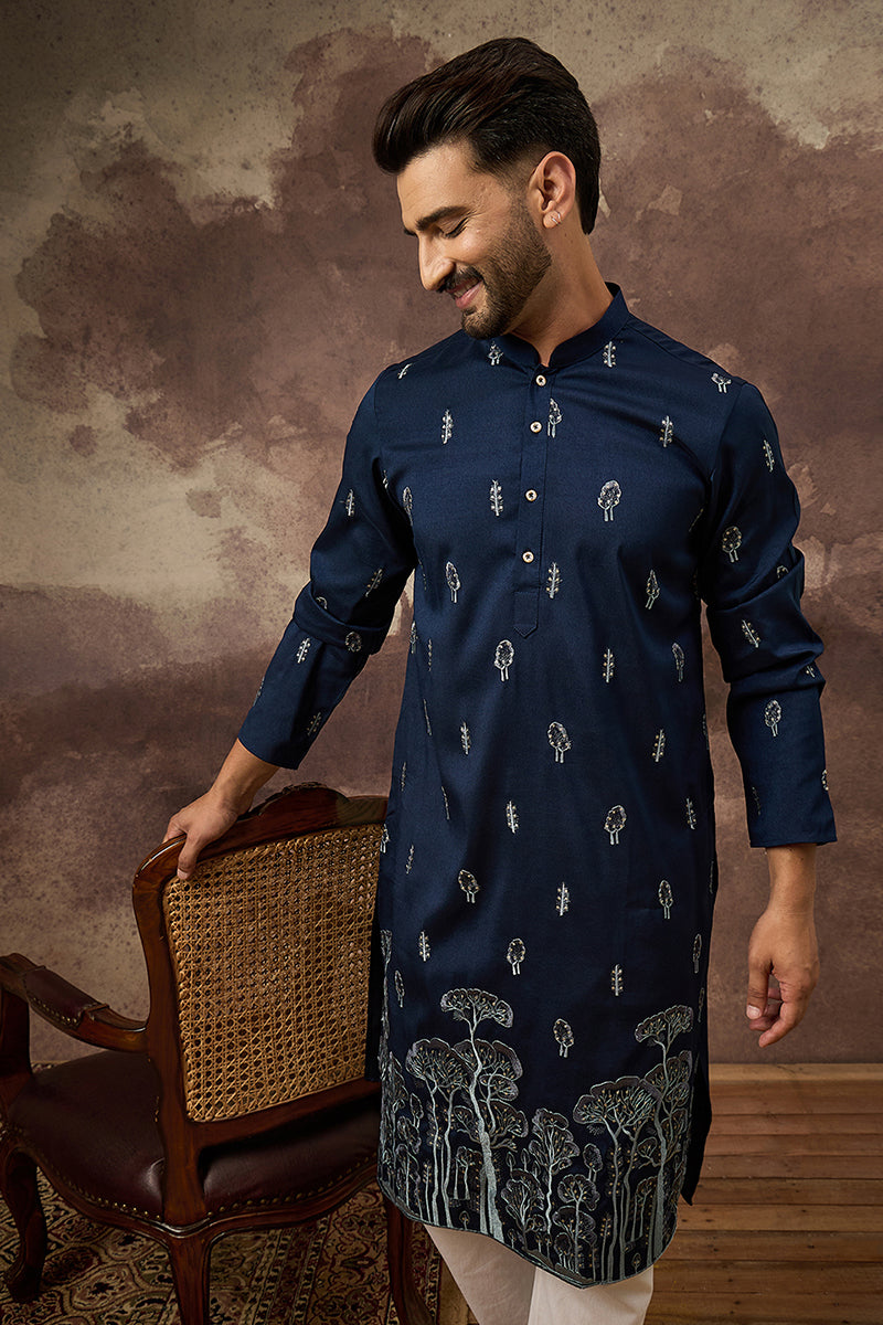 navy blue silk blend solid embroidered straight kurta and trouser