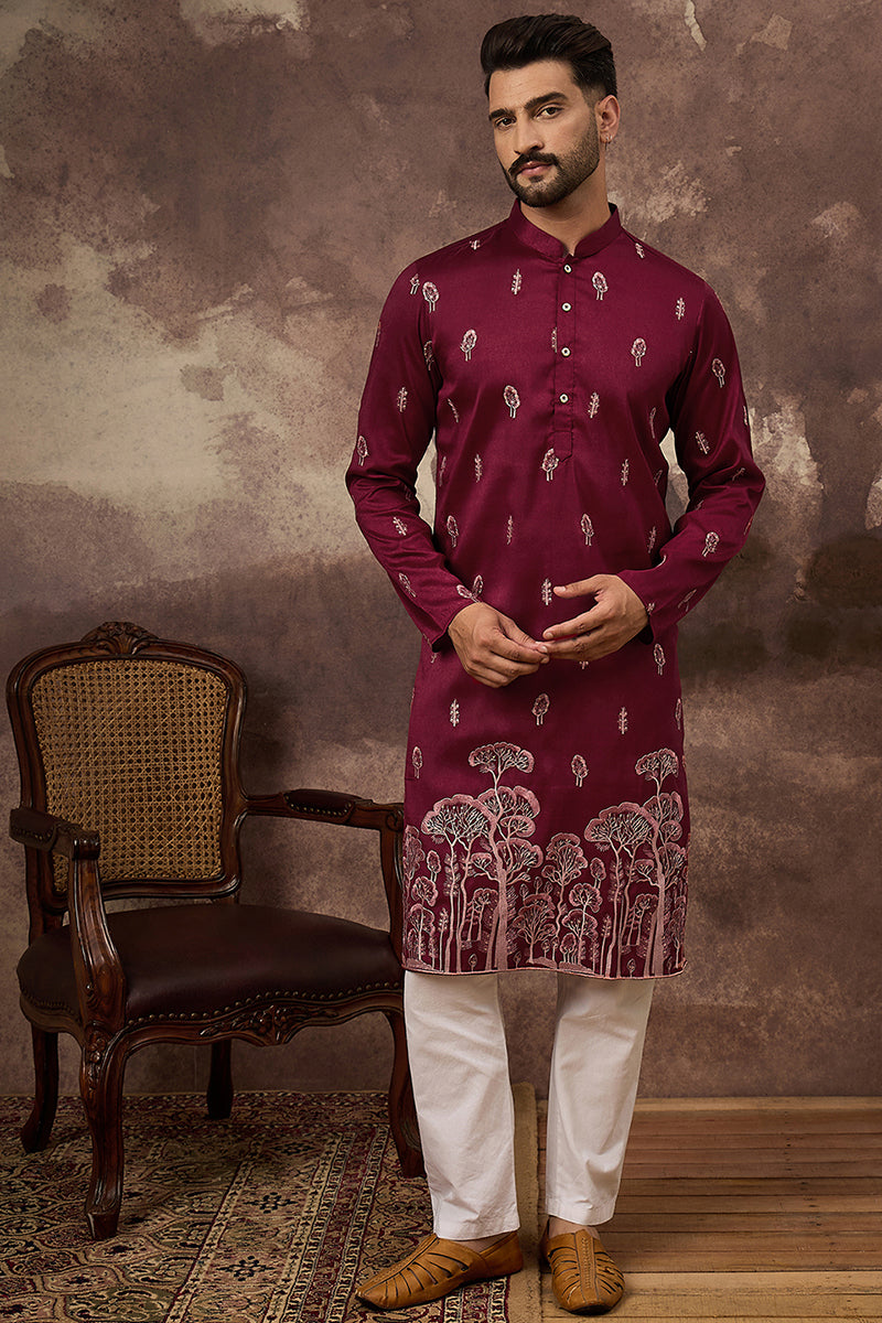 Maroon Silk Blend Solid Embroidered Straight Kurta and Trouser MKSET1336