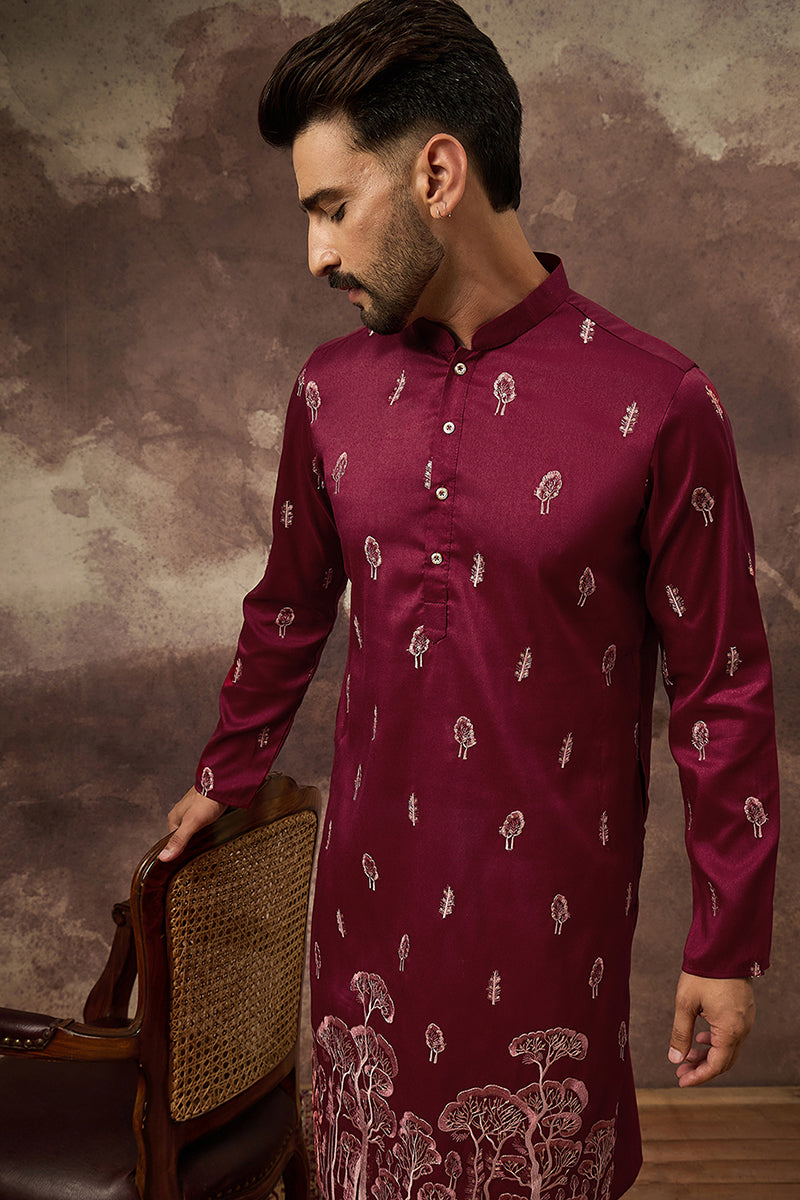 Maroon Silk Blend Solid Embroidered Straight Kurta and Trouser MKSET1336