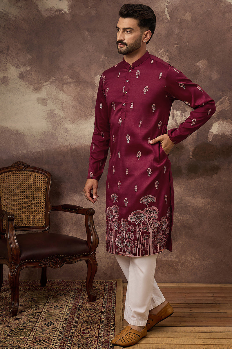Maroon Silk Blend Solid Embroidered Straight Kurta and Trouser MKSET1336