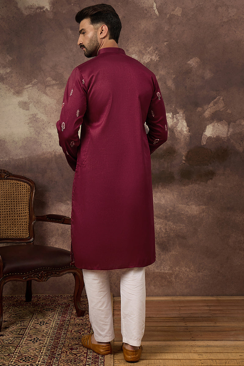 Maroon Silk Blend Solid Embroidered Straight Kurta and Trouser MKSET1336