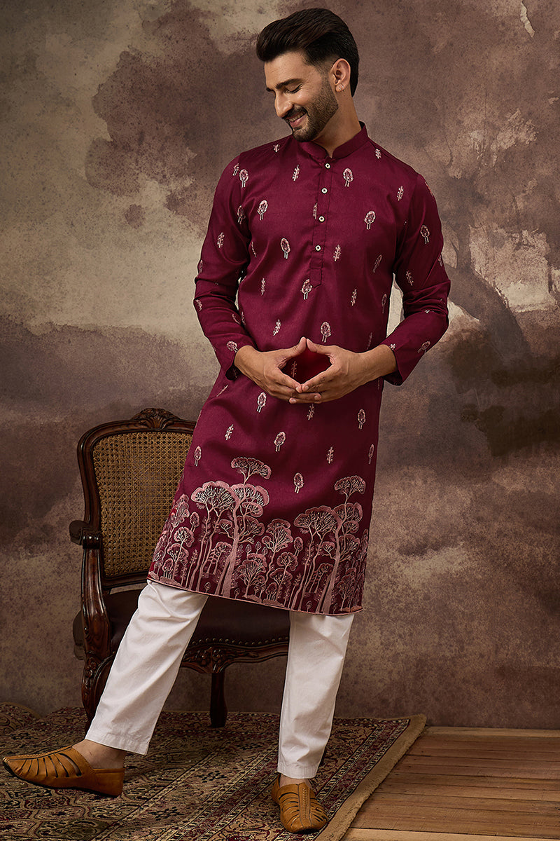 Maroon Silk Blend Solid Embroidered Straight Kurta and Trouser