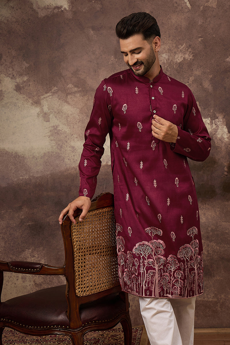 Maroon Silk Blend Solid Embroidered Straight Kurta and Trouser
