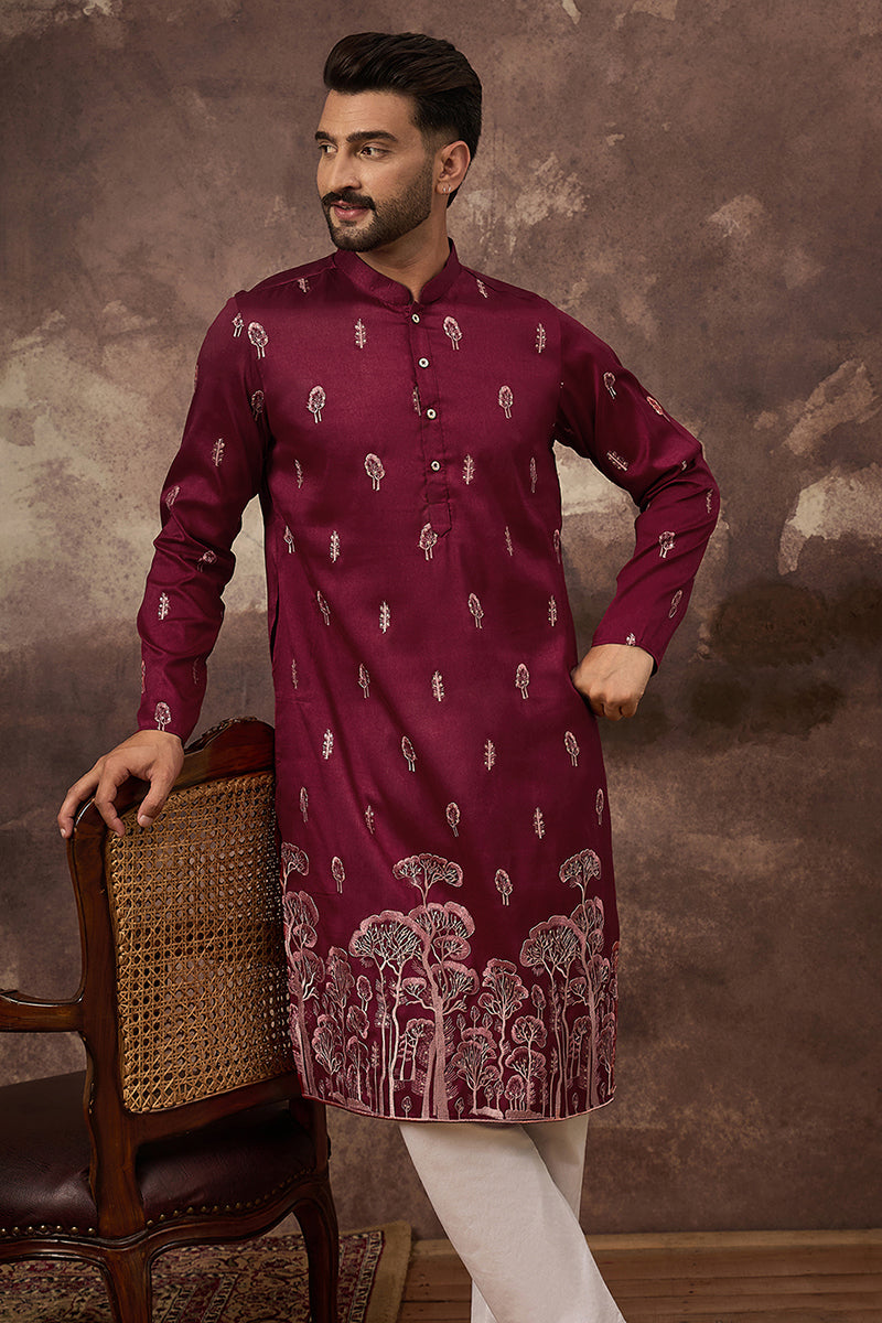 Maroon Silk Blend Solid Embroidered Straight Kurta and Trouser