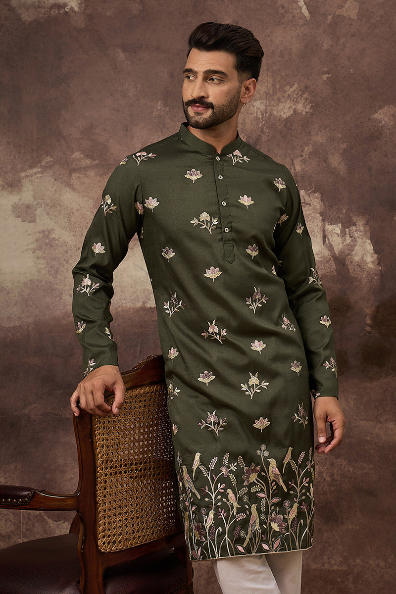 green silk blend solid embroidered straight kurta and trouser
