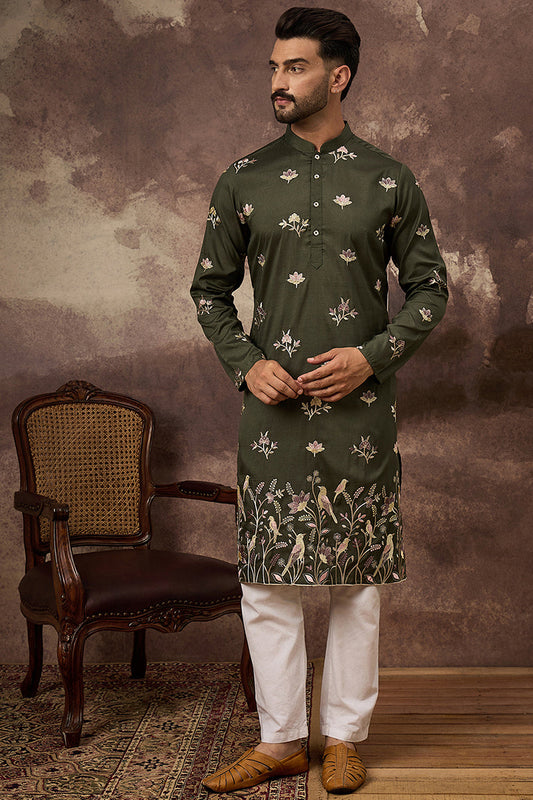 green silk blend solid embroidered straight kurta and trouser