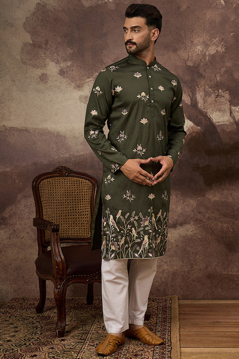 green silk blend solid embroidered straight kurta and trouser
