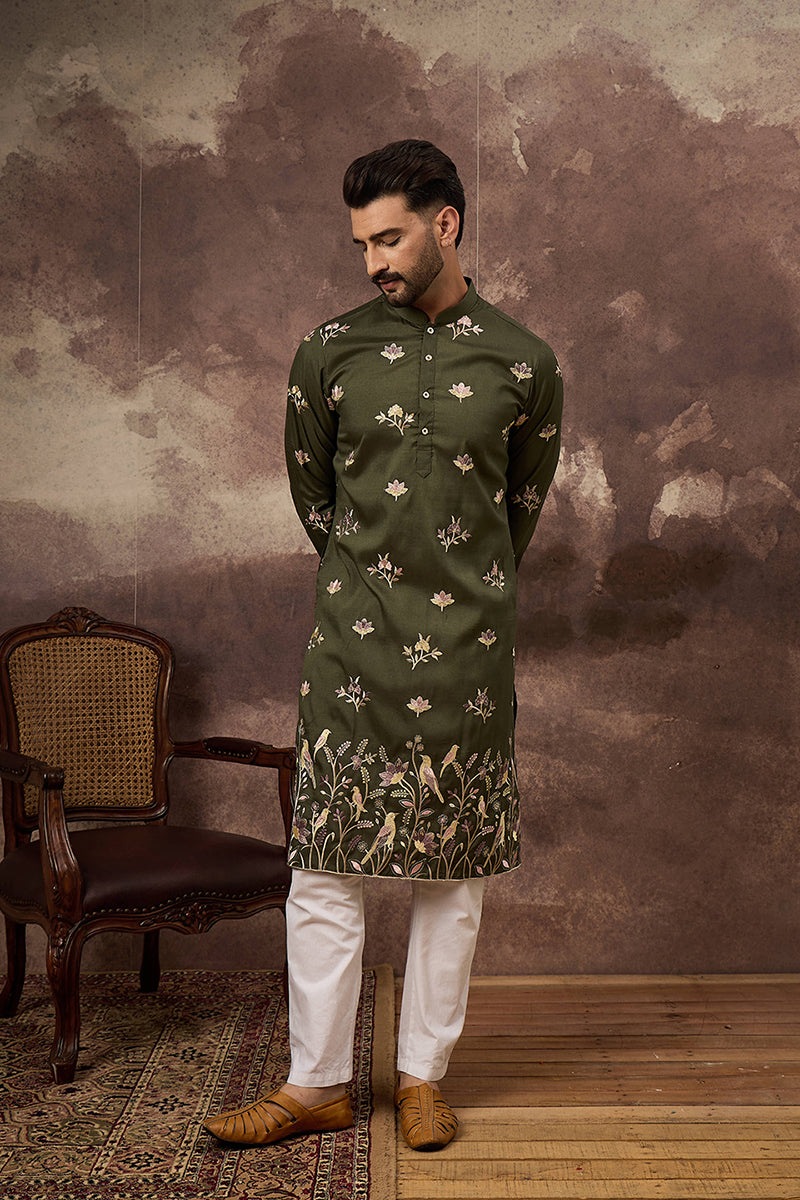 green silk blend solid embroidered straight kurta and trouser