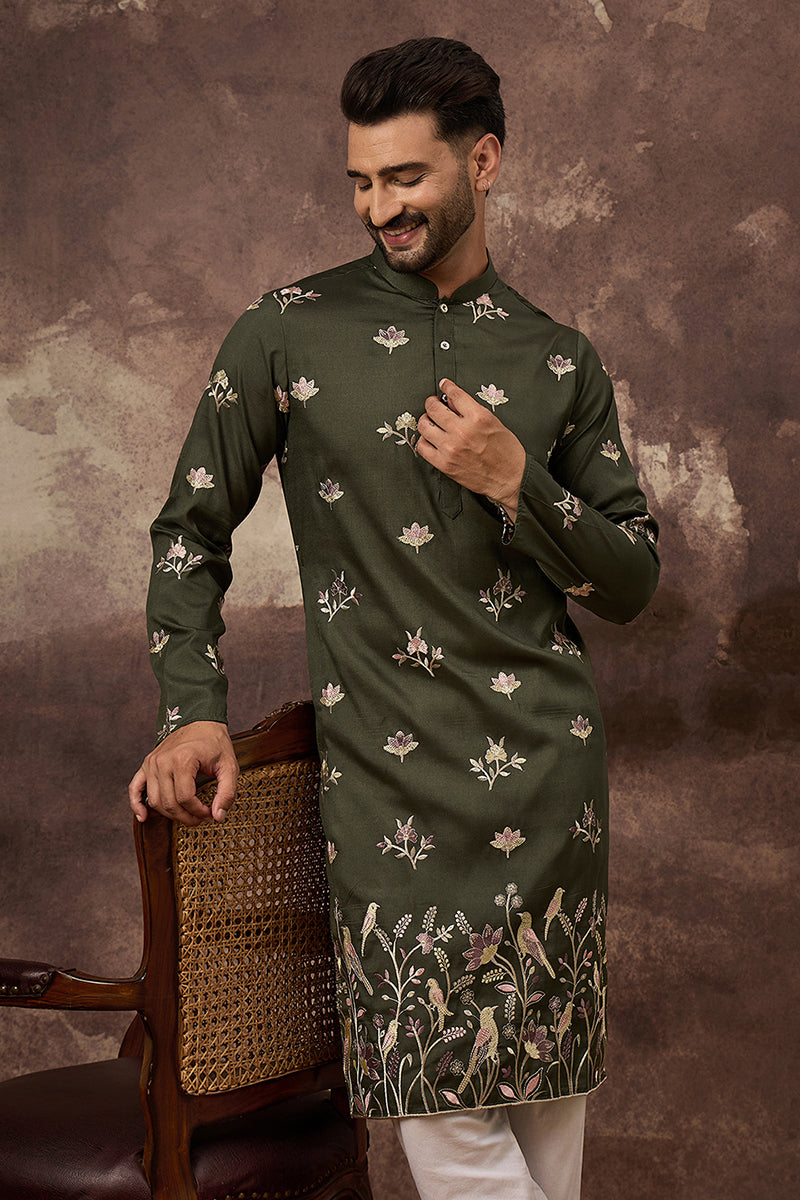 green silk blend solid embroidered straight kurta and trouser