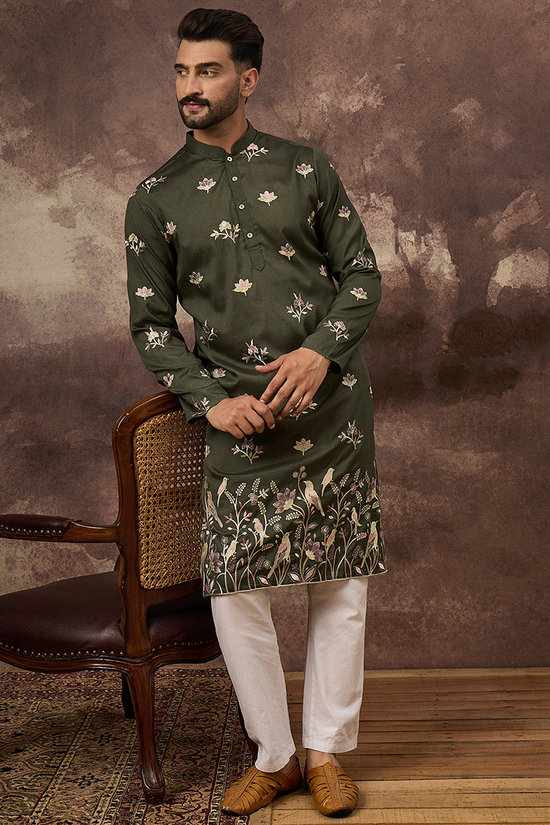 green silk blend solid embroidered straight kurta and trouser