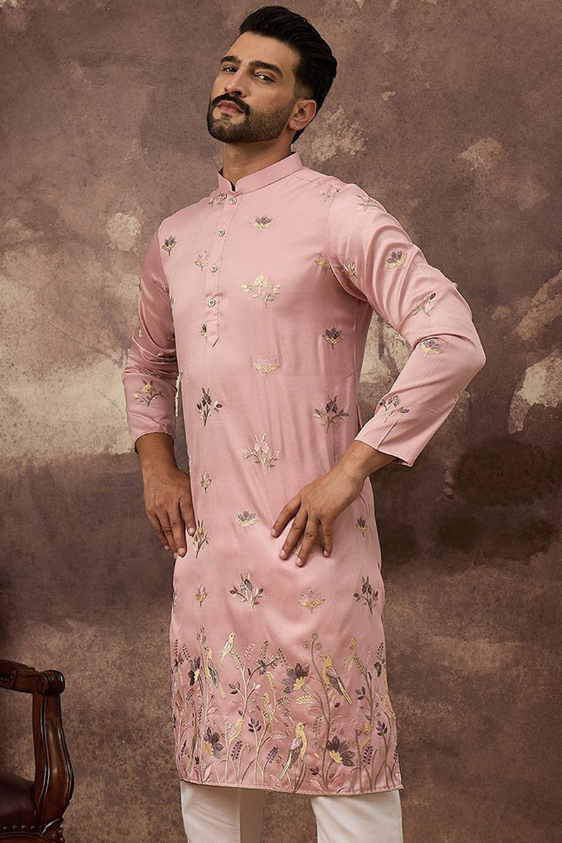 Peach Silk Blend Solid Embroidered Straight Kurta and Trouser MKSET1339