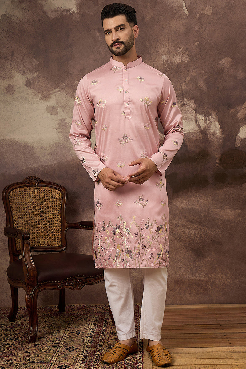 Peach Silk Blend Solid Embroidered Straight Kurta and Trouser MKSET1339