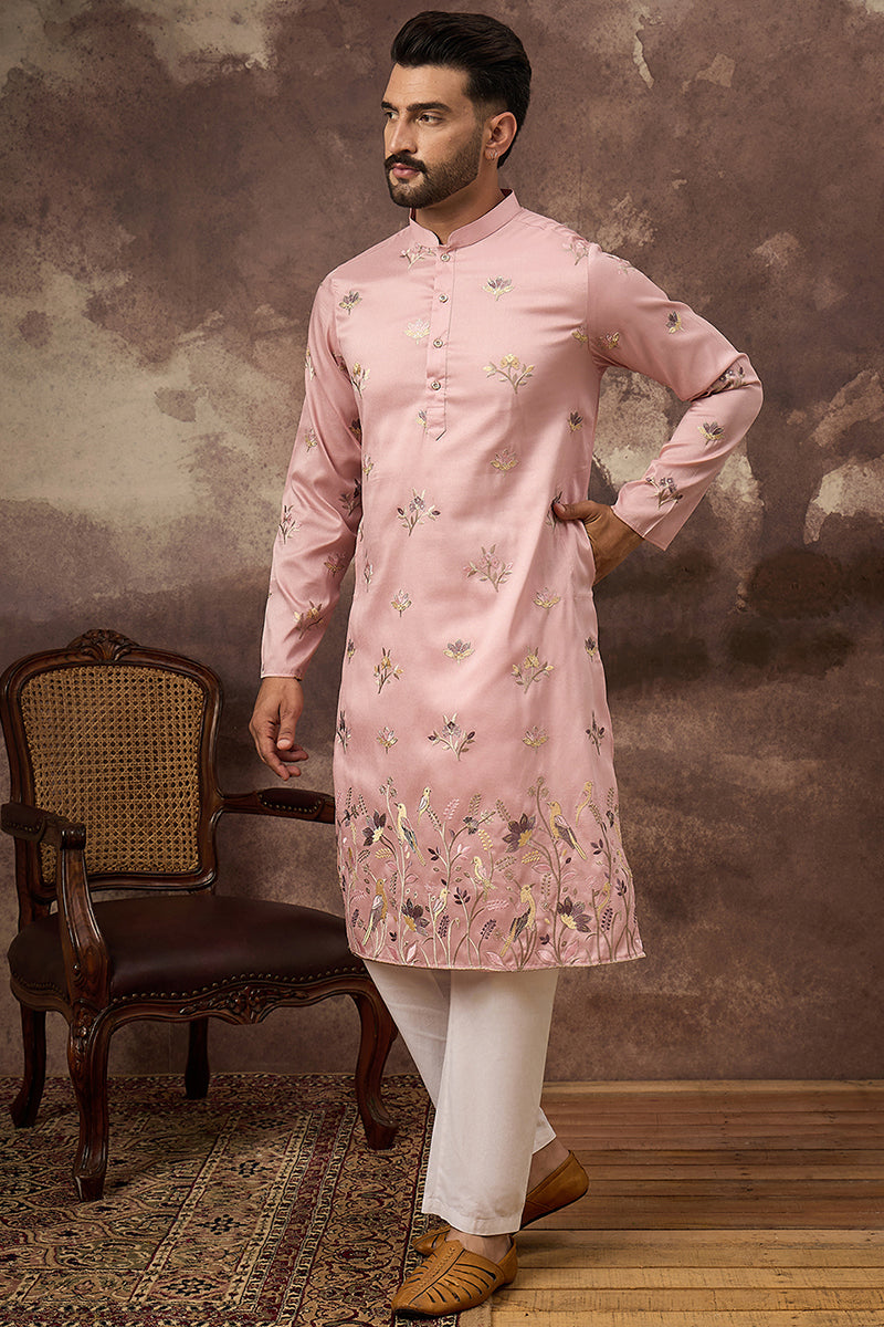Peach Silk Blend Solid Embroidered Straight Kurta and Trouser MKSET1339