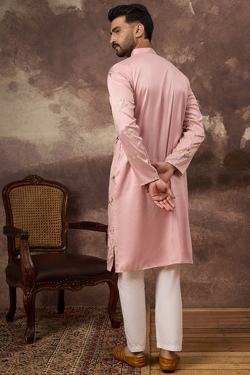 Peach Silk Blend Solid Embroidered Straight Kurta and Trouser MKSET1339