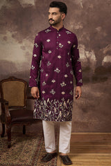 purple silk blend solid embroidered straight kurta and trouser
