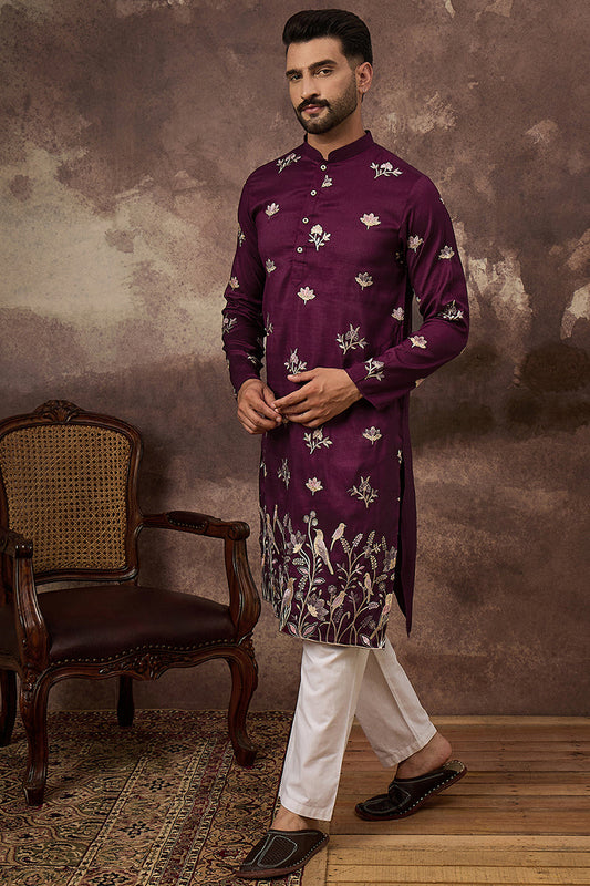 purple silk blend solid embroidered straight kurta and trouser