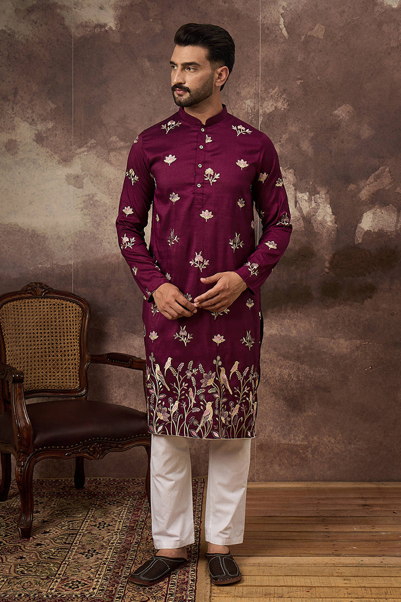 purple silk blend solid embroidered straight kurta and trouser