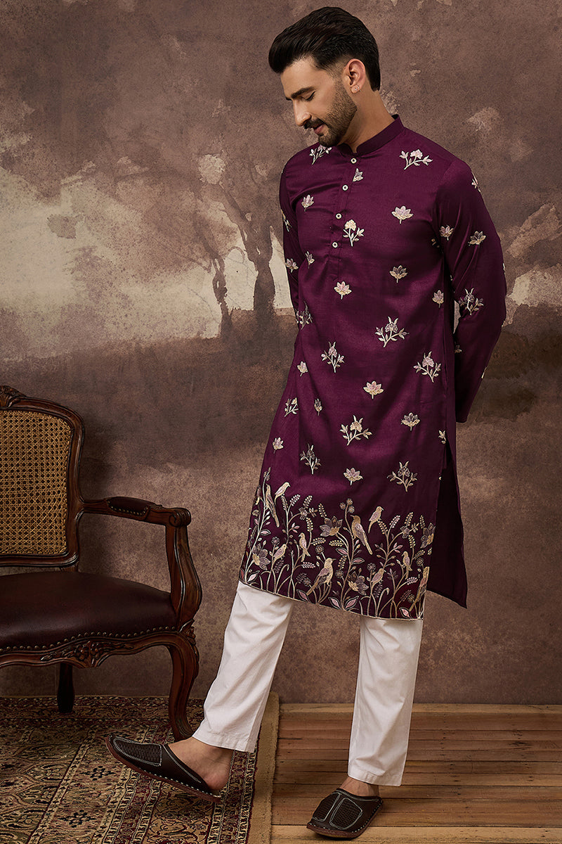 purple silk blend solid embroidered straight kurta and trouser