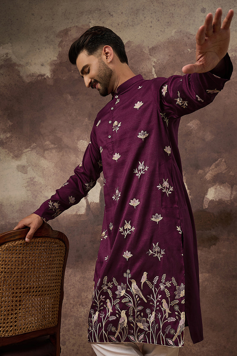 purple silk blend solid embroidered straight kurta and trouser