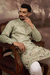 green silk blend solid embroidered straight kurta and trouser