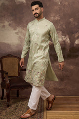 green silk blend solid embroidered straight kurta and trouser