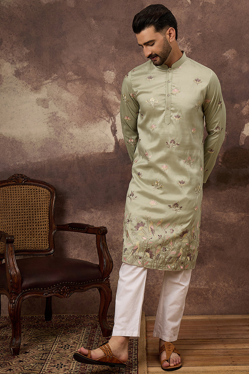 green silk blend solid embroidered straight kurta and trouser
