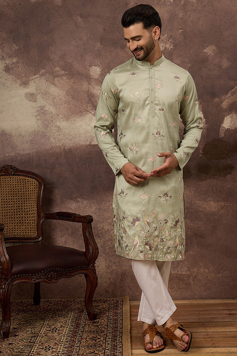 green silk blend solid embroidered straight kurta and trouser