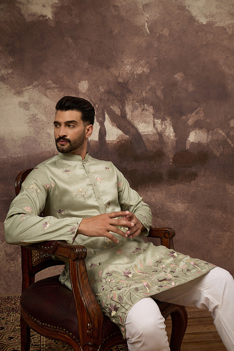 green silk blend solid embroidered straight kurta and trouser
